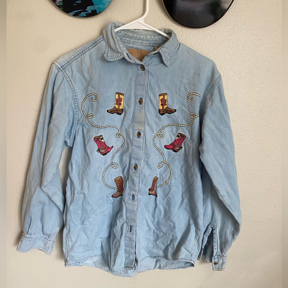 Vintage Embroidered Cowboy Boots Denim Button-up